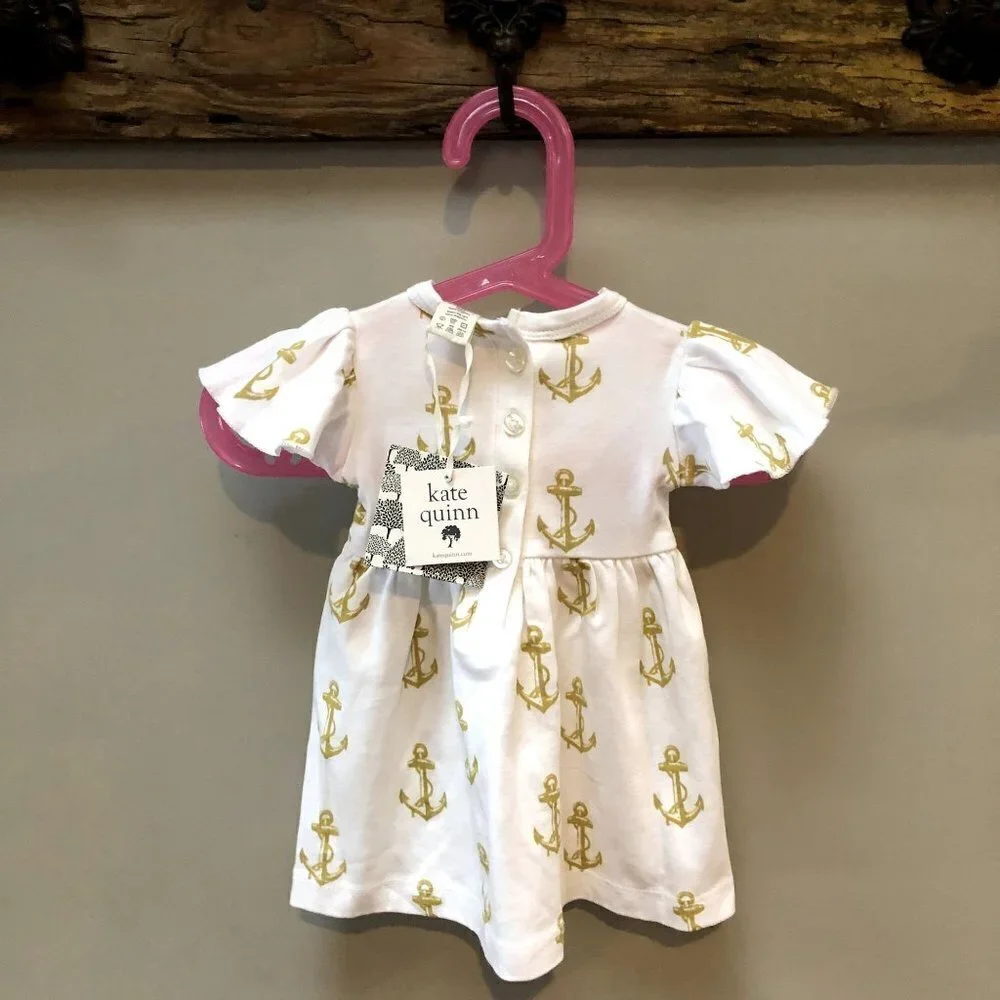 NWT- Kate Quinn Gold Anchor Flutter Sleeve Dress- size 3-6 months